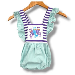 Pink‎ Rubies Baby Girl Ruffle Stripe Embroidered Mermaid Bubble Romper